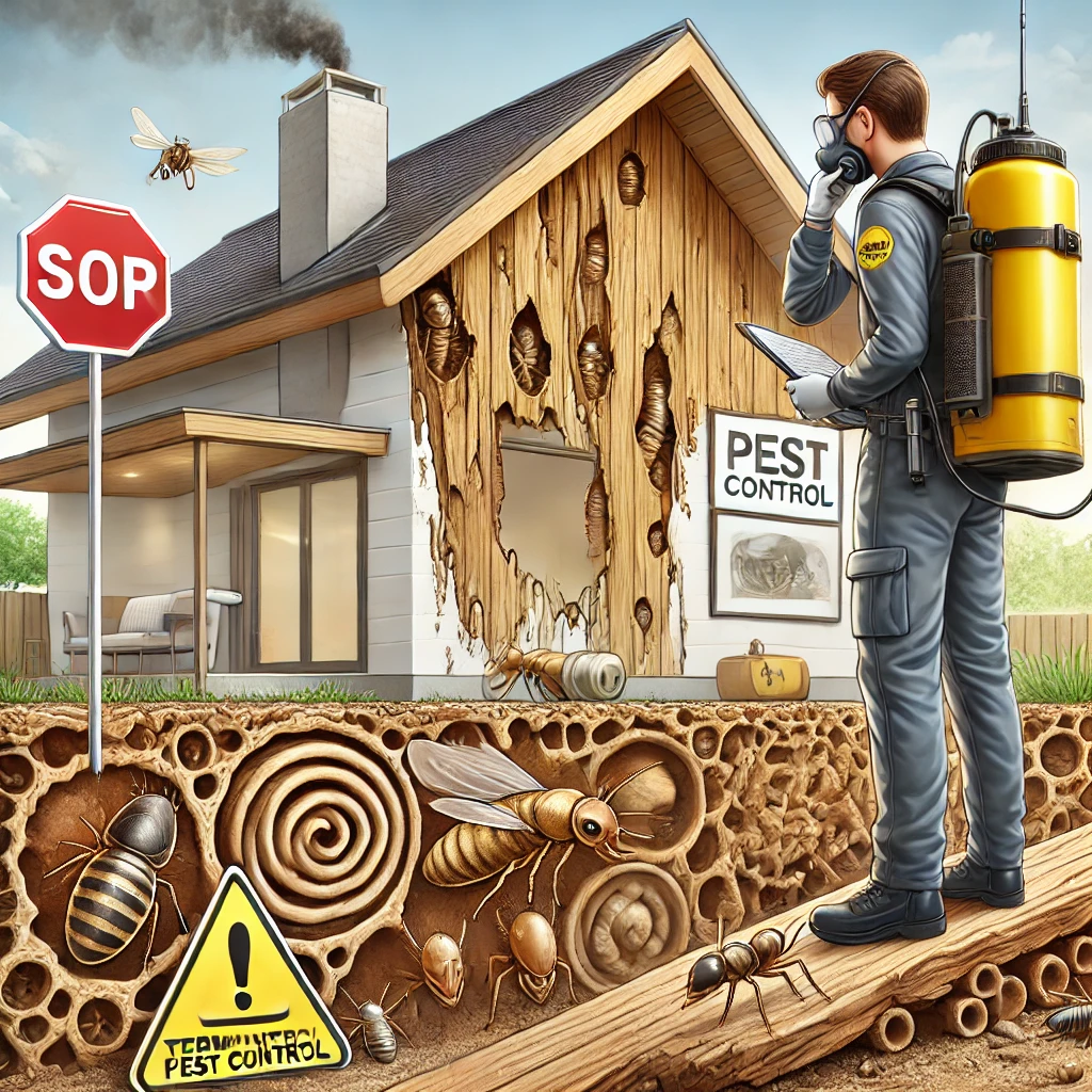 A detailed and realistic illustration of termites infesting a wooden structure, with a professional pest control technician inspecting the damage .termite facts