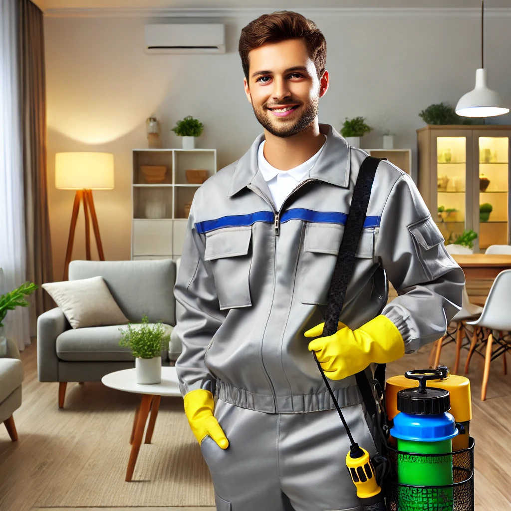 A professional pest control technician in a well-lit residential home, wearing safety gear and using eco-friendly pest control equipment.