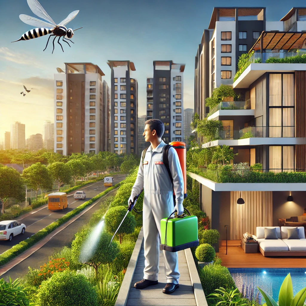 It illustrates a clean, pest-free property in Bangalore, featuring a professional pest control expert using eco-friendly methods.A modern residential and commercial property in Bangalore surrounded by a clean and pest-free environment. Pest Control services in Bangalore