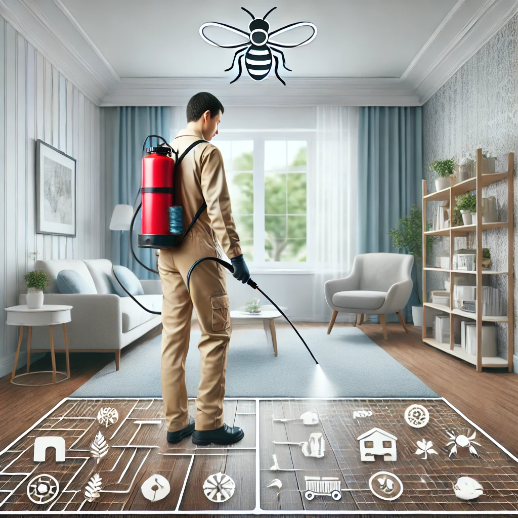 An image representing pest control in an urban home setting in Bangalore. The image shows a professional pest control technician in uniform spraying.pest control in an urban home setting in Bangalore. It aligns with the theme of safety, professionalism, and effectiveness in pest management. best pest control in Bangalore