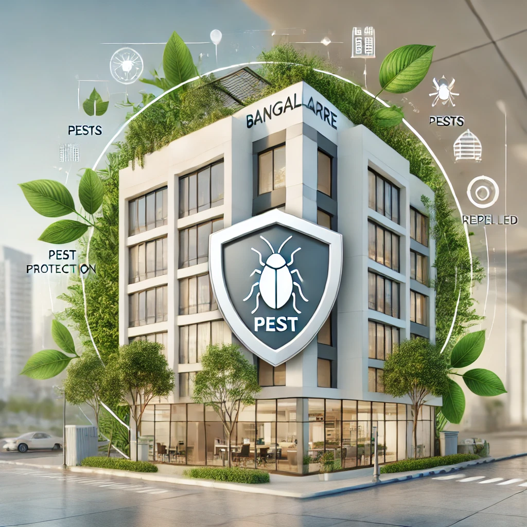 A-professional-illustration-of-a-modern-office-building-in-Bangalore-with-a-focus-on-pest-control-themes.-The-image-includes-symbols-of-pest-protection. Commercial Pest Solutions in Bangalore