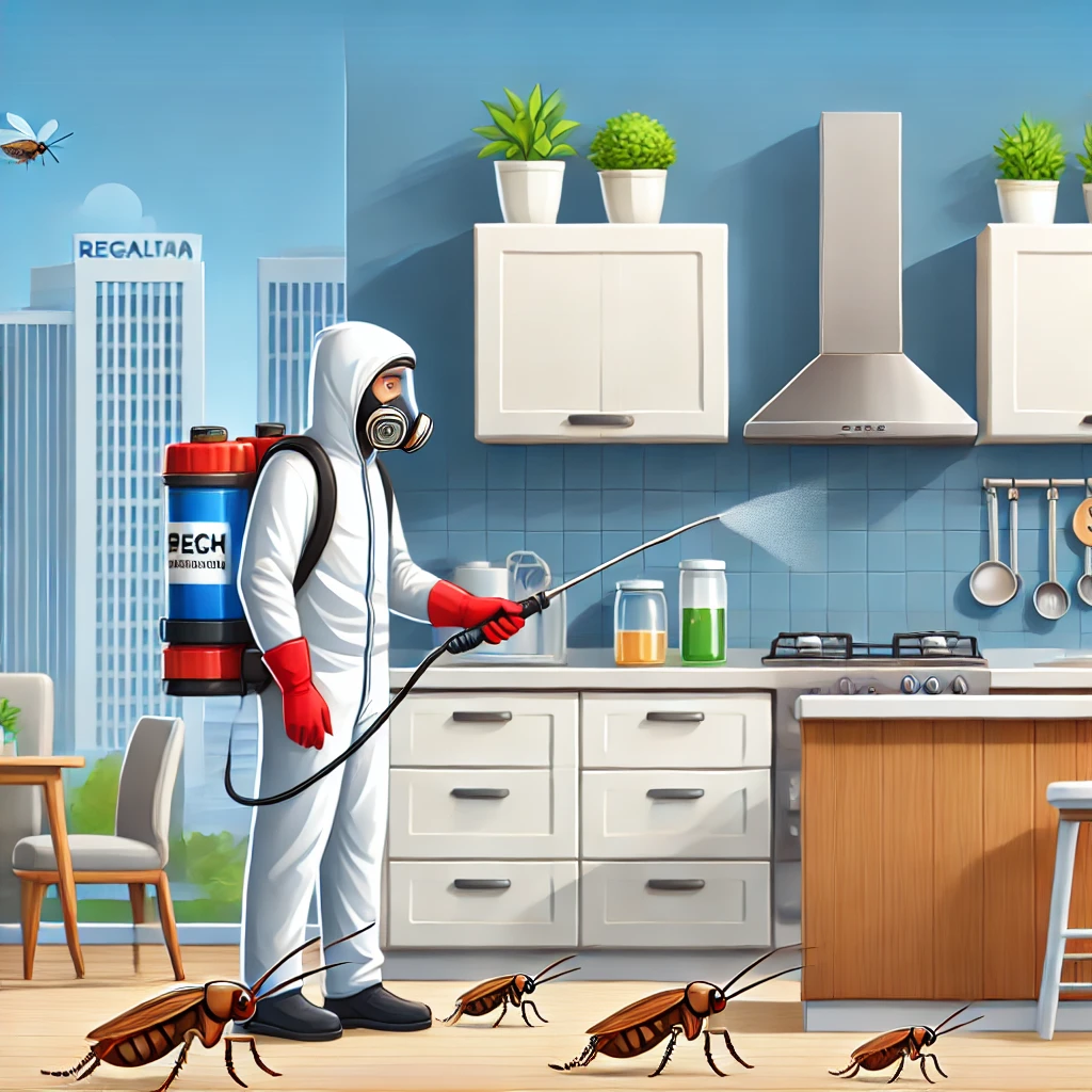 A detailed and clean illustration of a professional pest control expert spraying eco-friendly solutions in a modern Indian home to eliminate cockroach. cockroach pest control in Bangalore