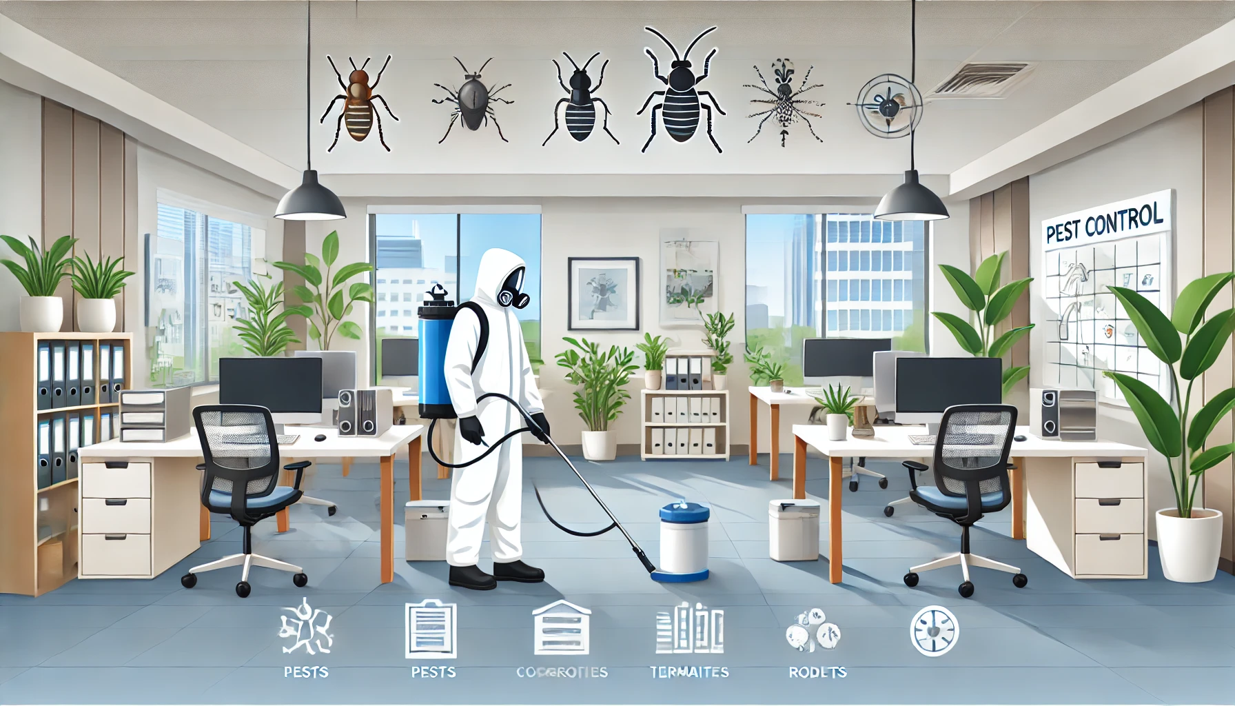 An illustration of a modern office environment being treated for pests by a professional pest control technician. The technician is wearing protective.effective pest control Bangalore