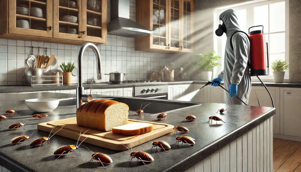 A detailed and realistic depiction of a modern apartment kitchen with visible signs of a cockroach infestation. The image shows a clean yet cluttered cockroach pest control Bangalore.