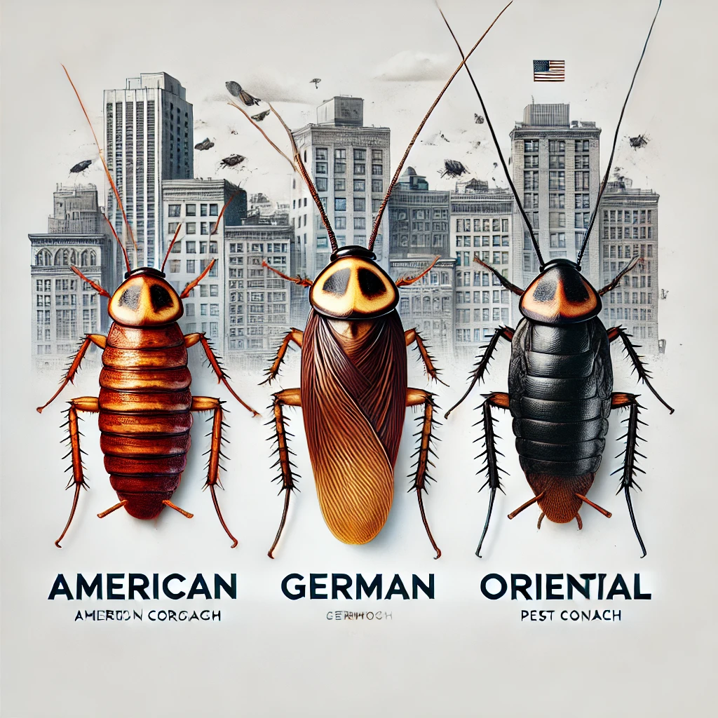 A visually striking image showcasing three types of cockroaches—American, German, and Oriental—on a clean white background. Each cockroach is detailed cockroach control services Bangalore