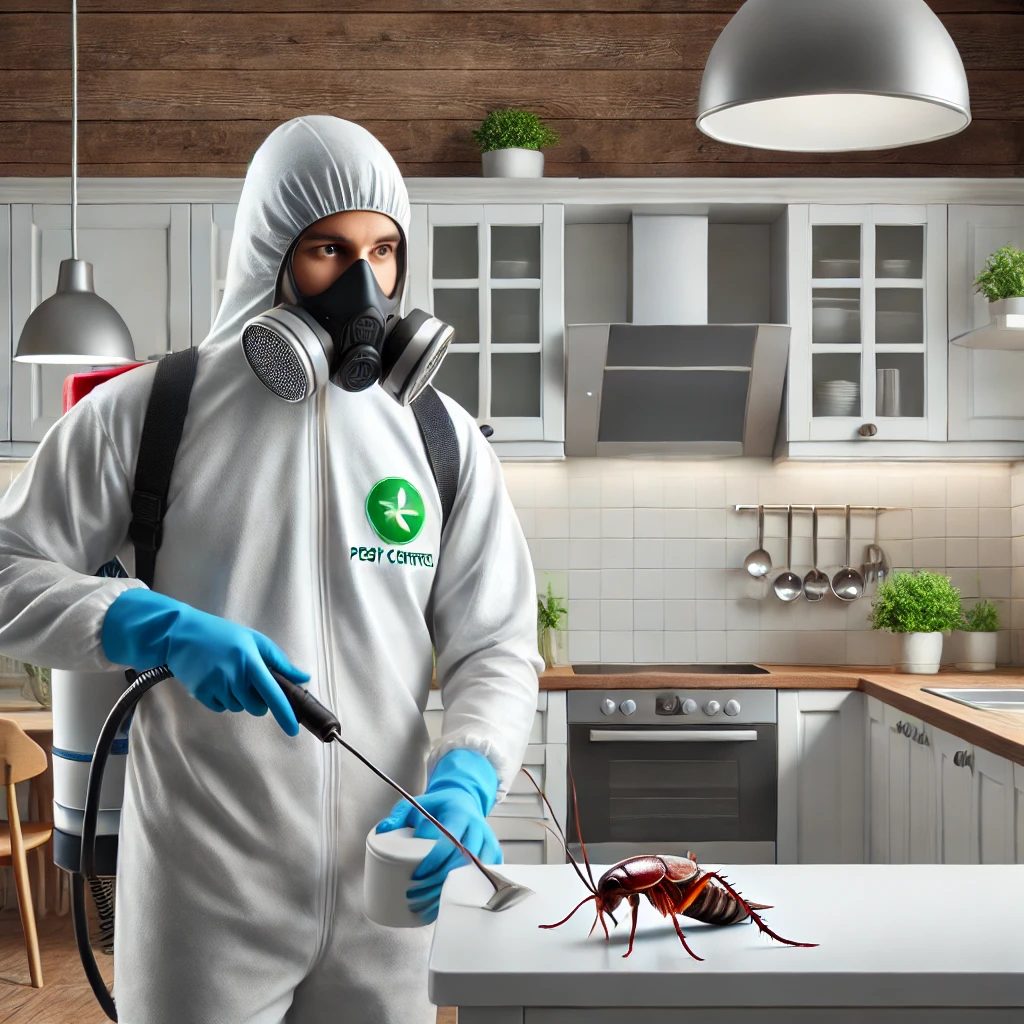 A professional pest control worker treating a clean and modern kitchen for cockroach infestation in Bangalore. The worker is wearing protective gear a best pest control in Bangalore