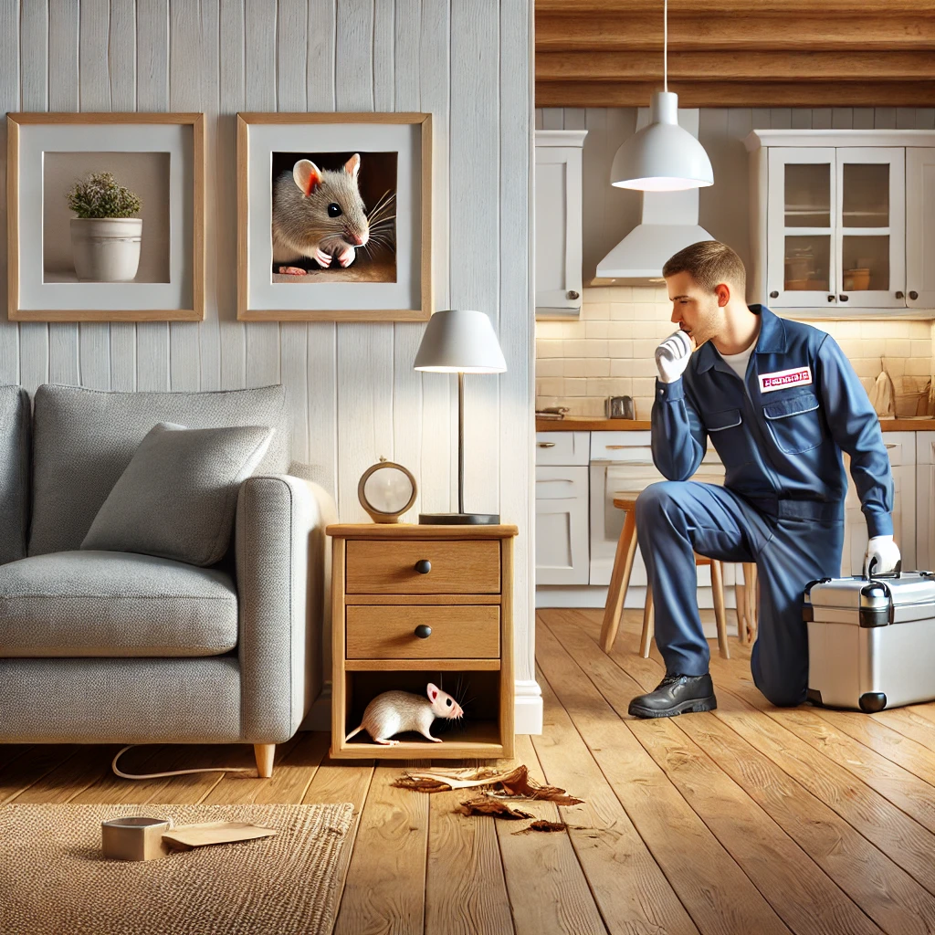 A realistic illustration of a modern home with signs of a rodent infestation, including subtle chew marks on wooden furniture, a mouse peeking out from a cupboard effective rodent management