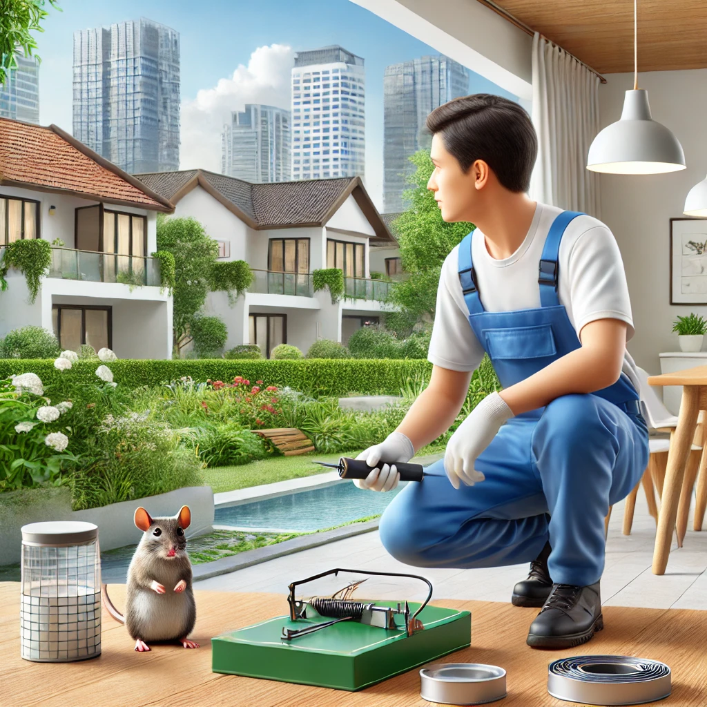 A professional pest control technician inspecting a modern home in Bangalore for rodent activity. The scene includes tools like traps and bait station effective rodent management solutions in Bangalore