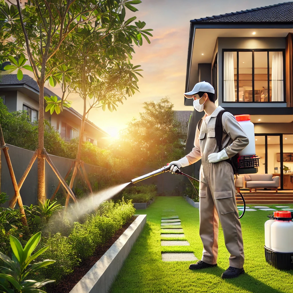 A professional pest control specialist spraying eco-friendly mosquito repellent in a modern, clean residential garden at sunset, showcasing advanced mosquito pest control services