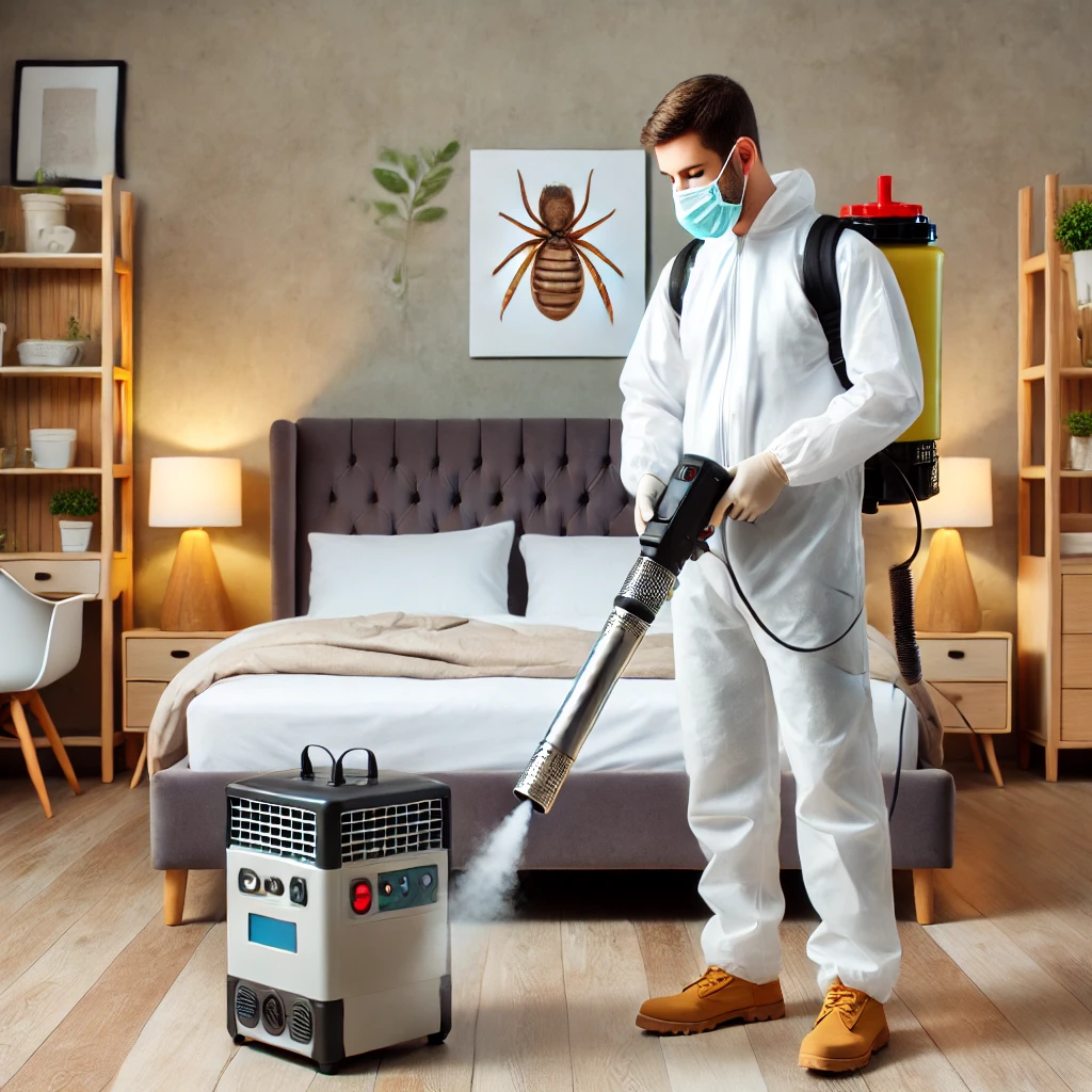 A professional pest control technician treating a bed bug infestation in a modern bedroom setting. The room includes a neatly made bed, furniture, and effective bed bug treatment in bangalore