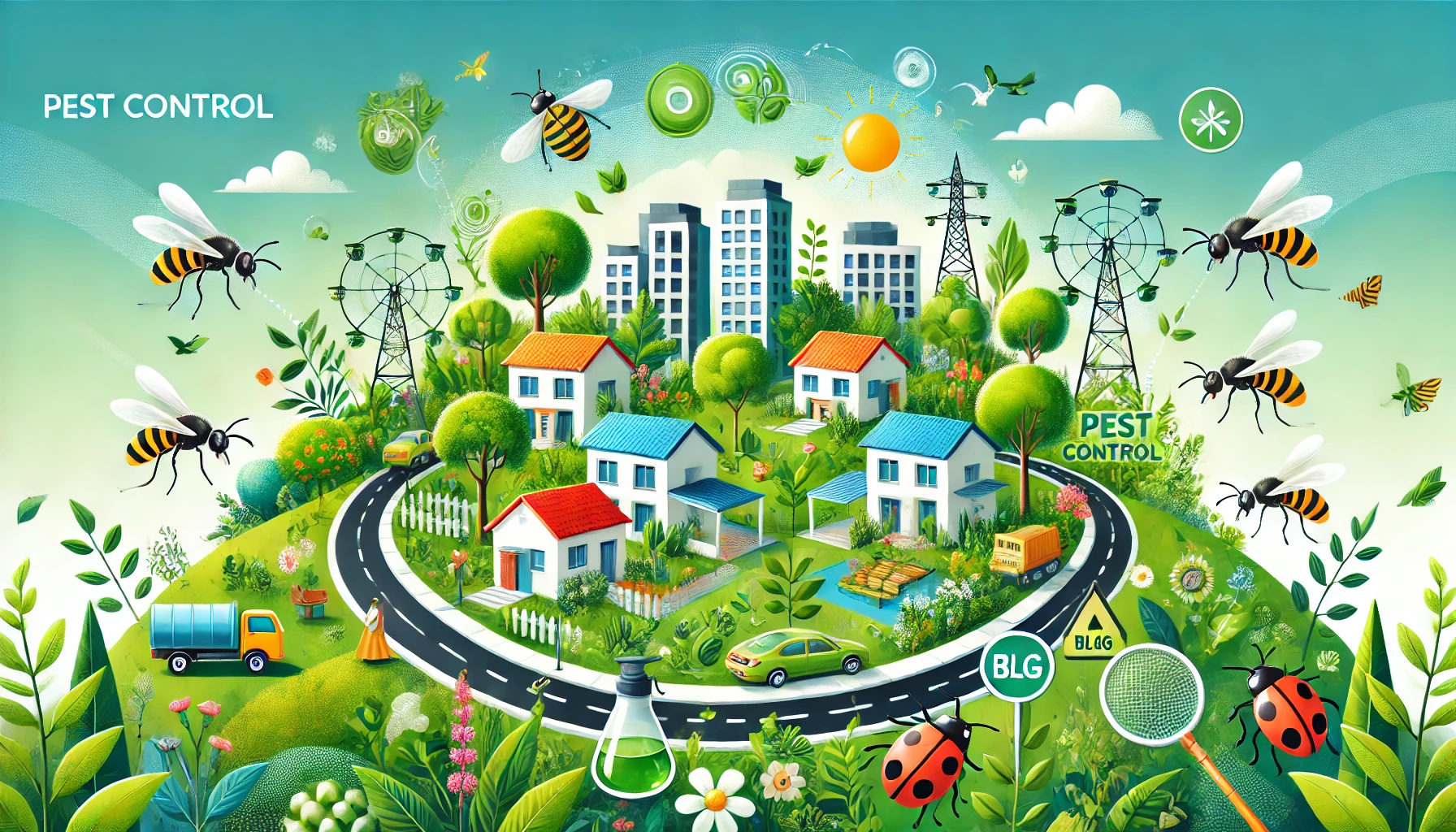 A vibrant eco-friendly pest control concept for a blog header. The image features a lush green Bangalore neighborhood with natural elements like trees.natural pest management in Bangalore