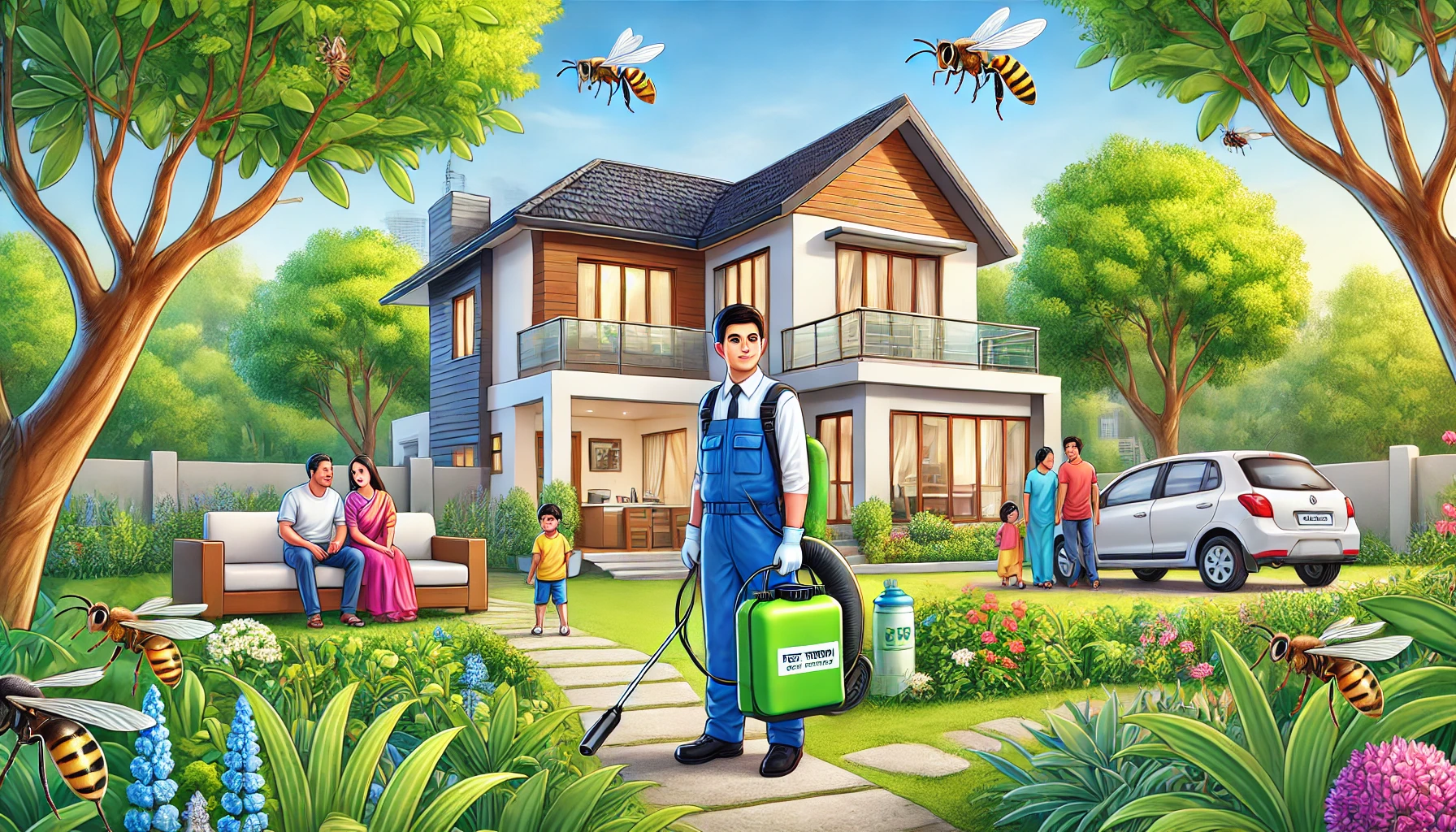 A detailed illustration of a professional pest control expert treating a residential home in Bangalore. The setting shows a modern Indian home surrounding Bangalore pest control experts