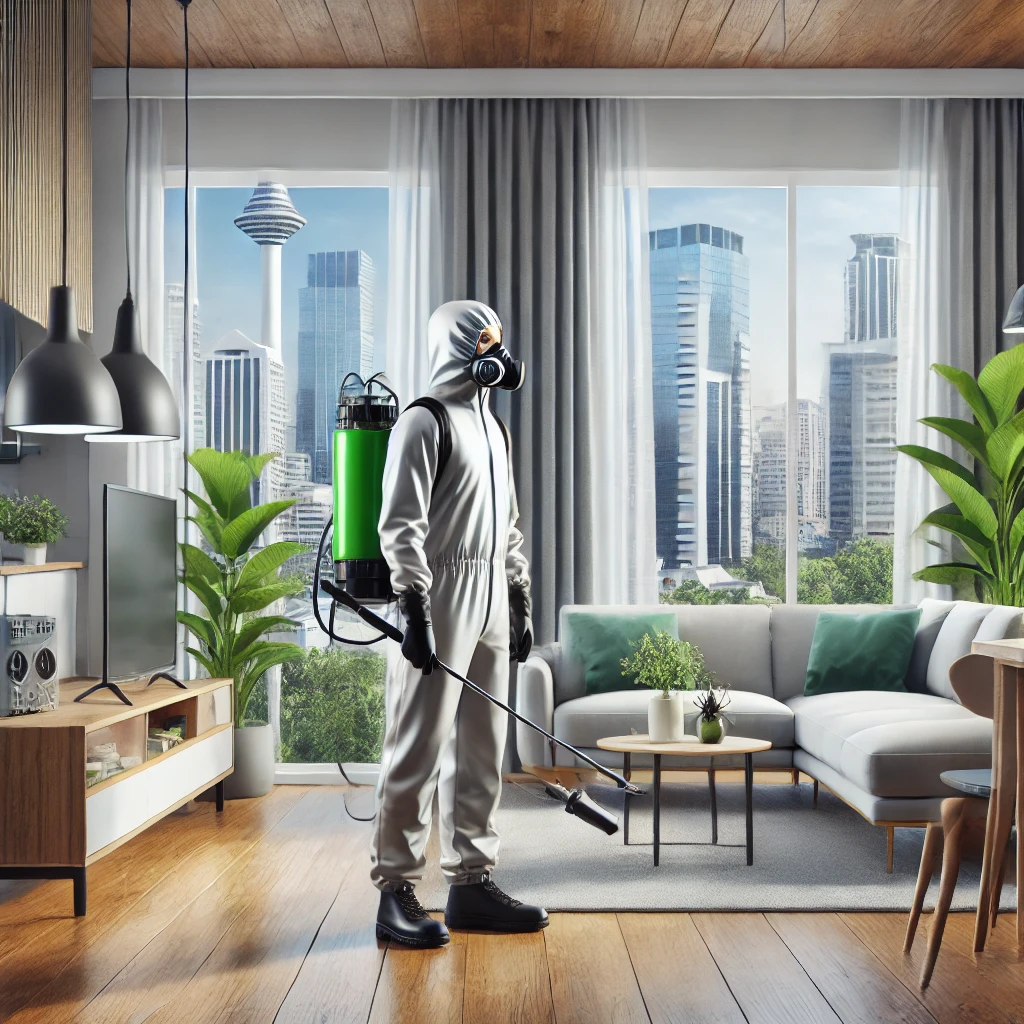 A realistic depiction of a professional pest control technician treating a modern Bangalore home, wearing safety gear and using advanced pest control Bangalore pest control services