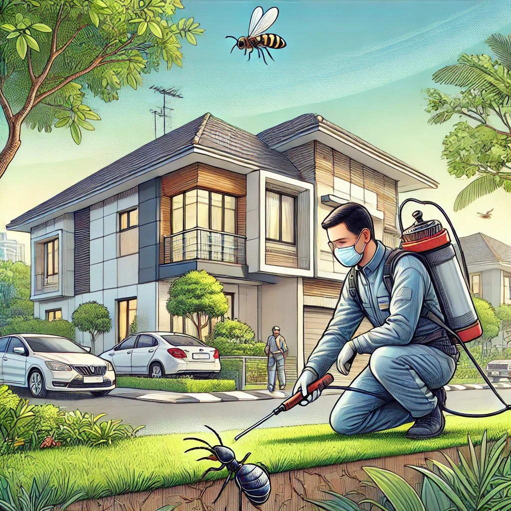 A detailed illustration of a professional pest control technician treating a home for termites in an urban Bangalore neighborhood. The technician is permanent termite solutions in Bangalore