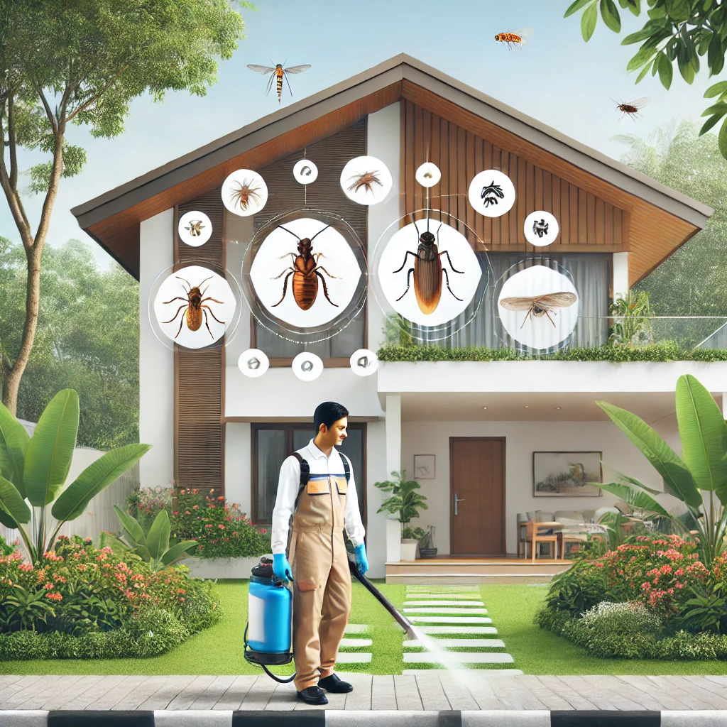 A modern and clean pest control scene featuring a professional pest control worker in uniform using eco-friendly equipment to treat a home in Bangalore. pest control Bangalore