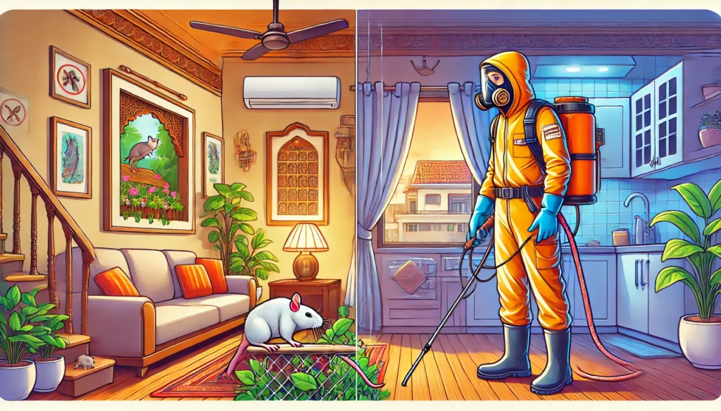 An illustration of professional pest control services in action, featuring a pest control expert wearing safety gear and using tools to handle a rat infestation rat control services in Bangalore