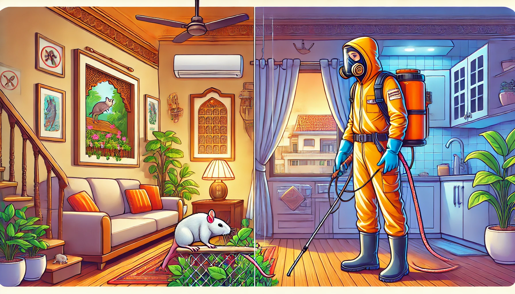 An illustration of professional pest control services in action, featuring a pest control expert wearing safety gear and using tools to handle a rat infestation rat control services in Bangalore