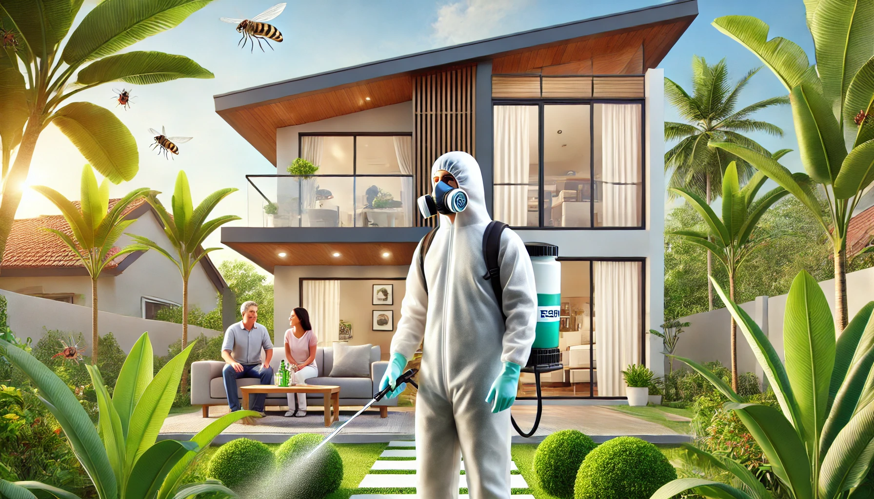 A modern urban home in Bangalore with a professional pest control technician spraying eco-friendly pest control solution. The setting includes tropical Bangalore home pest solutions