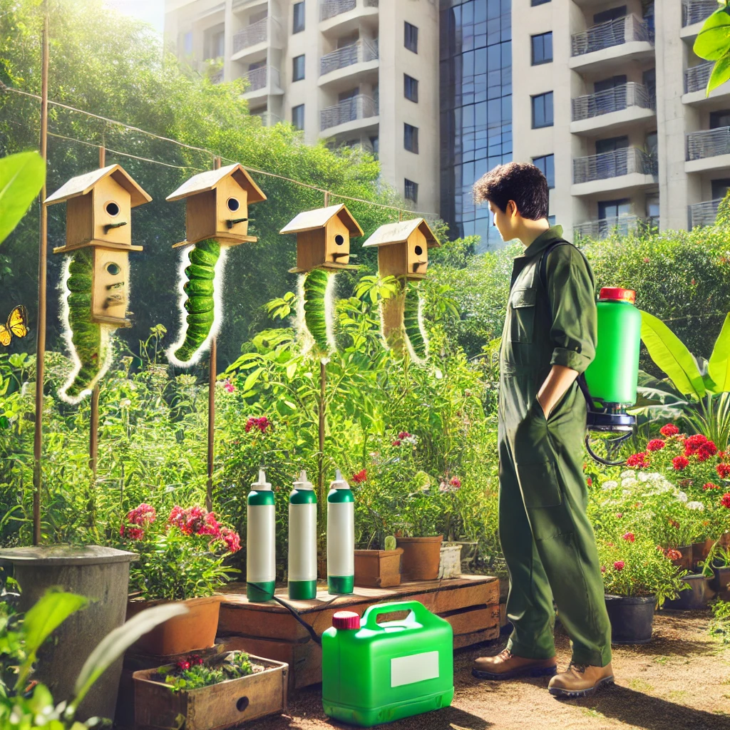 An eco-friendly garden in Bangalore with lush green plants and vibrant flowers, being inspected by a pest control professional. The scene shows natural Bangalore caterpillar infestation solutions