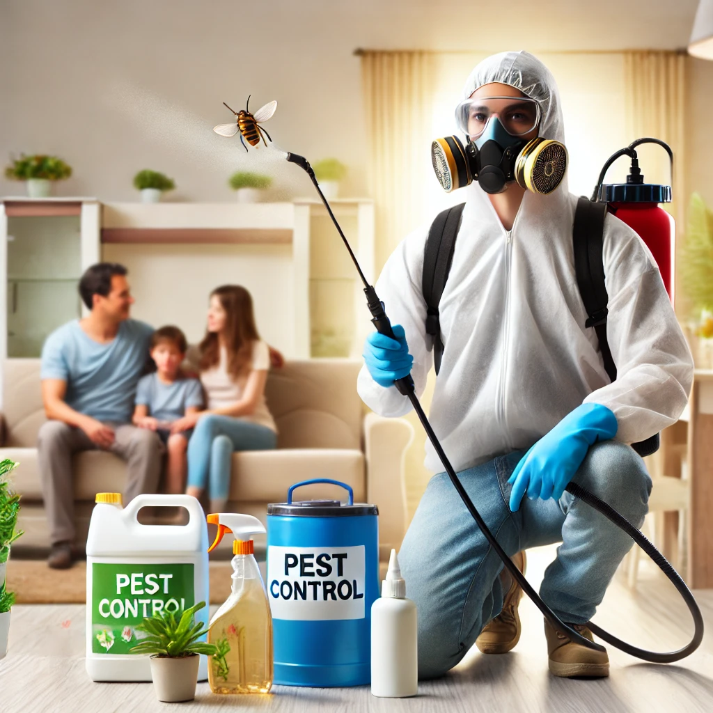 A professional pest control worker in Bangalore spraying eco-friendly solutions in a clean, modern home environment. The scene features tools such as Bangalore pest extermination services