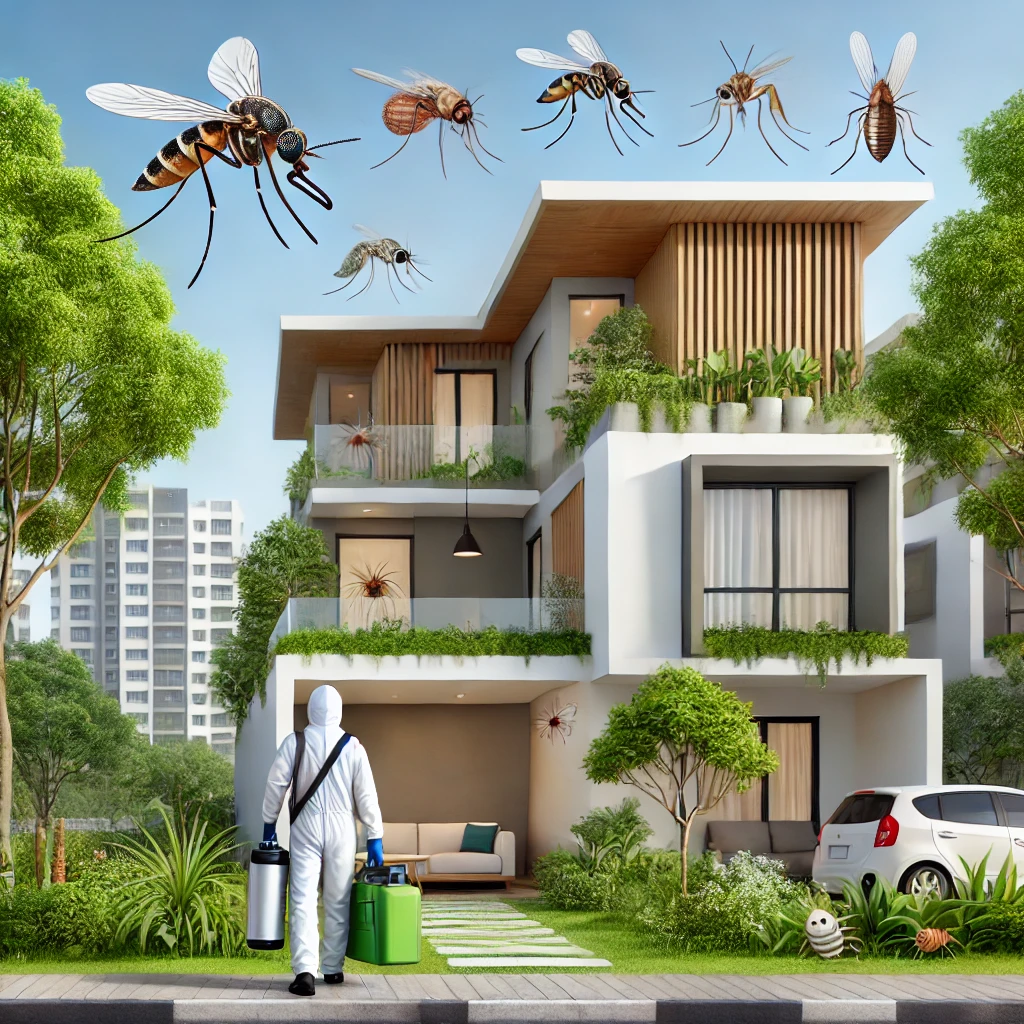 A modern urban home in Bangalore surrounded by greenery, with illustrations of common pests like mosquitoes, cockroaches, and termites subtly integrated Bangalore pest management services