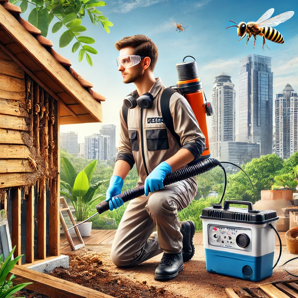 A modern pest control expert inspecting a Bangalore home for termites. The scene shows advanced eco-friendly equipment being used, with the profession Bangalore termite treatment experts