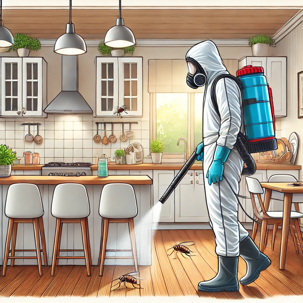 A detailed and professional illustration of a pest control expert in Bangalore spraying a clean, modern kitchen to eliminate cockroaches. The scene Best Cockroach control Services Bangalore.