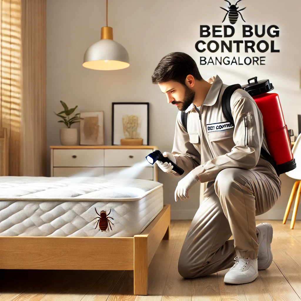 A professional pest control technician inspecting a bedroom for bed bugs in a Bangalore home. The technician is using a flashlight to check mattress bed bug control in Bangalore homes