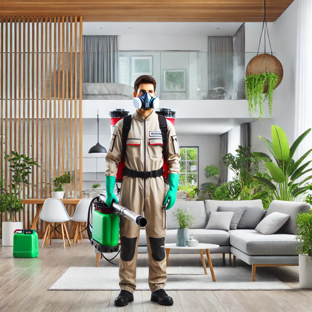 A professional pest control technician in Bangalore using advanced equipment to treat a modern residential space, showcasing a clean and pest-free environment pest control services in Bangalore Bangalore mosquito control services