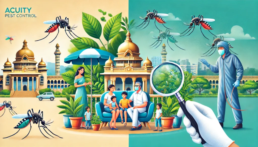 A split image depicting a family enjoying a mosquito-free outdoor space, such as a garden or balcony, on one side, and on the other side a magnified mosquito control in Bangalore