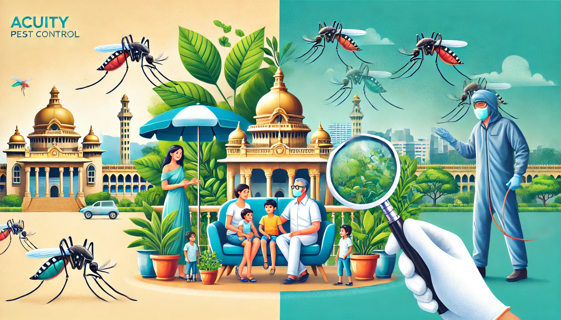 A split image depicting a family enjoying a mosquito-free outdoor space, such as a garden or balcony, on one side, and on the other side a magnified mosquito control in Bangalore