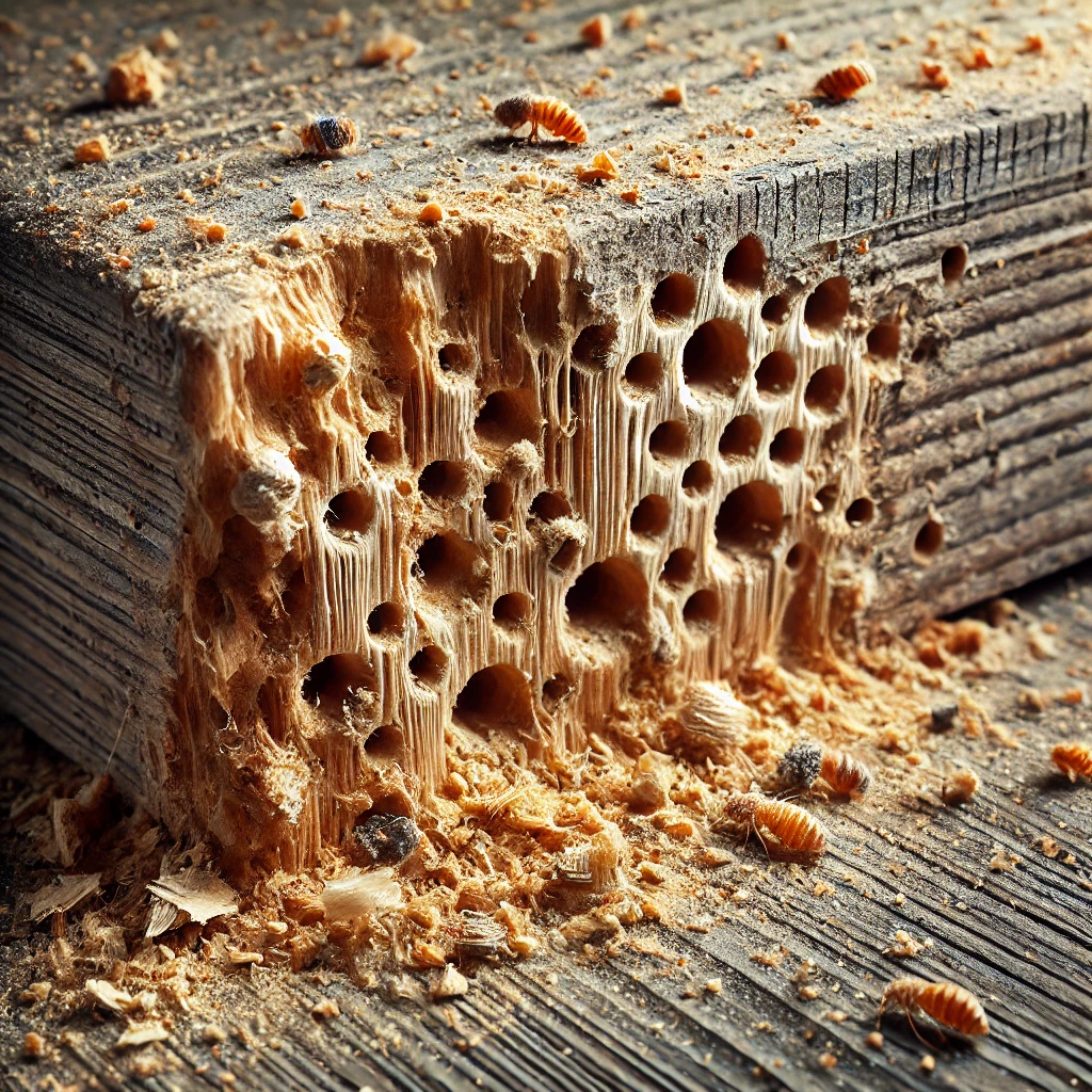 A high-quality close-up image of wood borer damage on wooden furniture or flooring. The image should clearly show small holes and frass (sawdust) scat wood borer treatment in Bangalore.