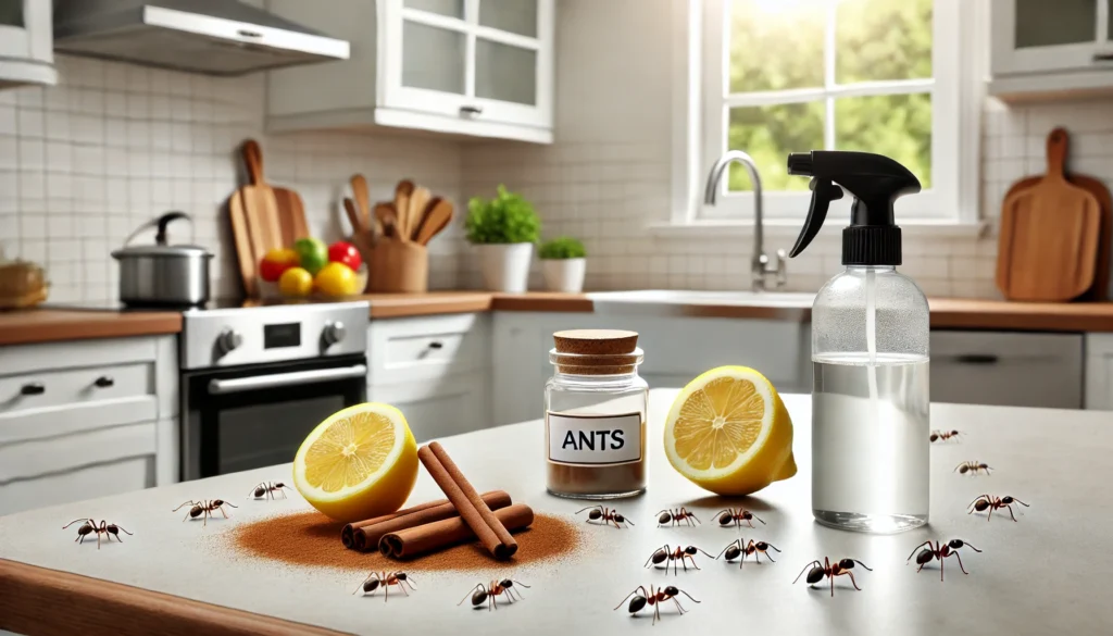 A clean, modern kitchen with natural ant repellents like cinnamon sticks, lemon slices, and a spray bottle with vinegar solution on the countertop. In eco-friendly ant control