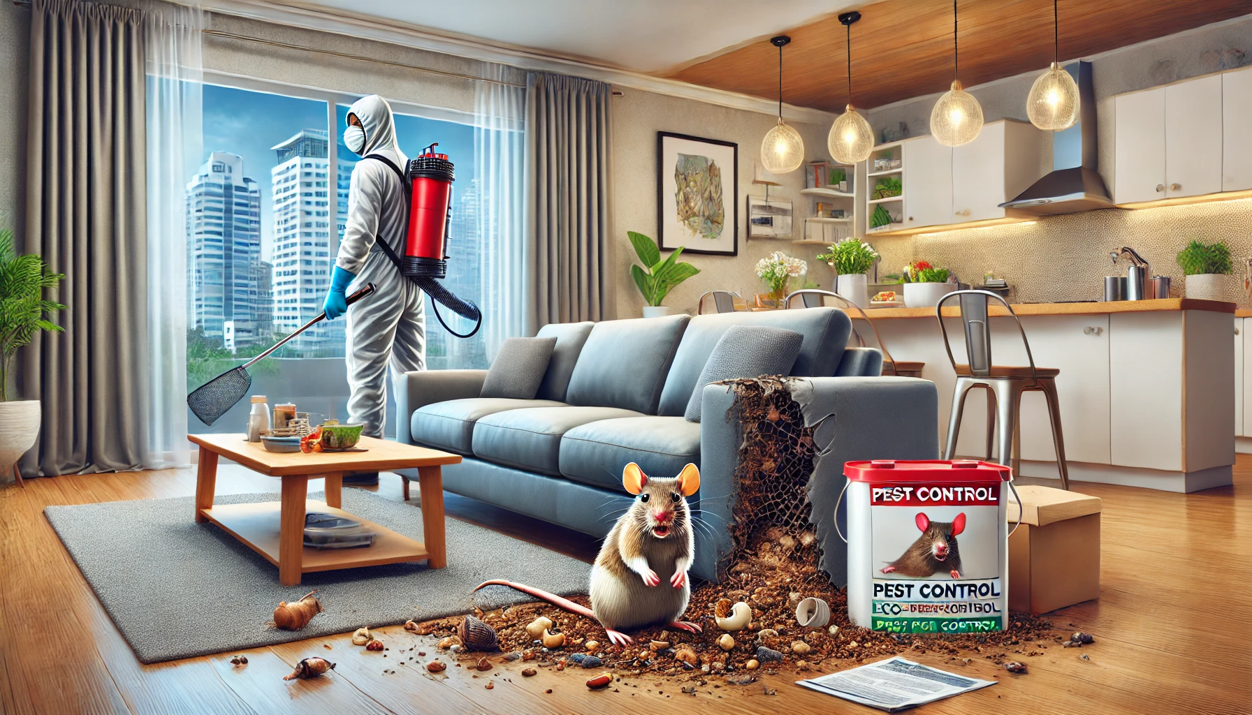 A detailed digital illustration of a modern Bangalore home affected by rodent infestation. The image shows a well-furnished living room with visible rodent infestation in Bangalore