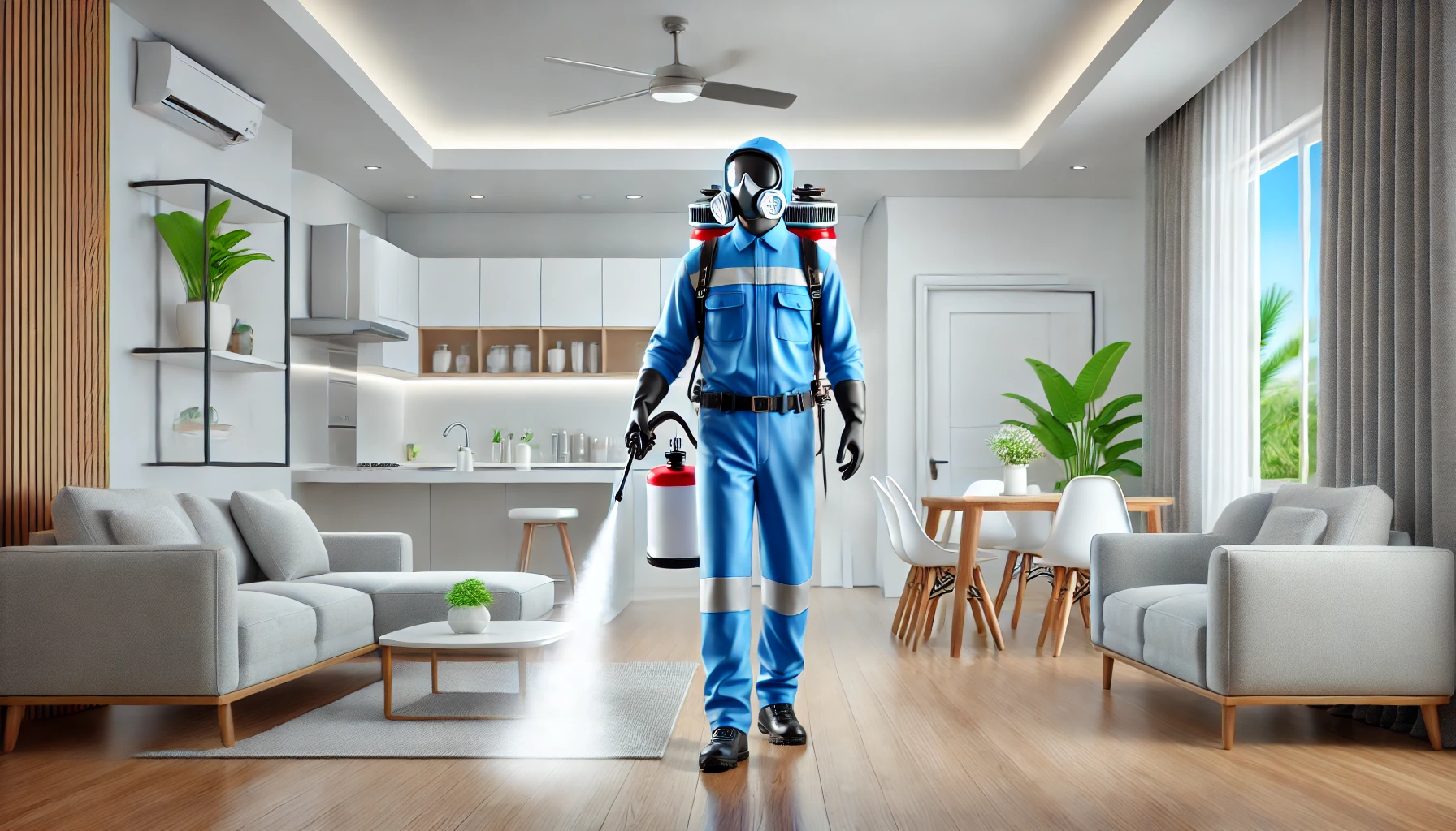 A modern, clean home in Bangalore with a professional pest control technician in uniform spraying eco-friendly treatment. The technician is using advances professional pest management services in Bangalore