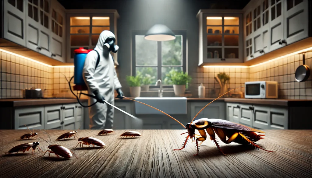 A realistic image of a kitchen with cockroaches crawling on the countertop and near a sink. The scene is dimly lit, emphasizing the infestation. In the professional cockroach exterminators in Bangalore