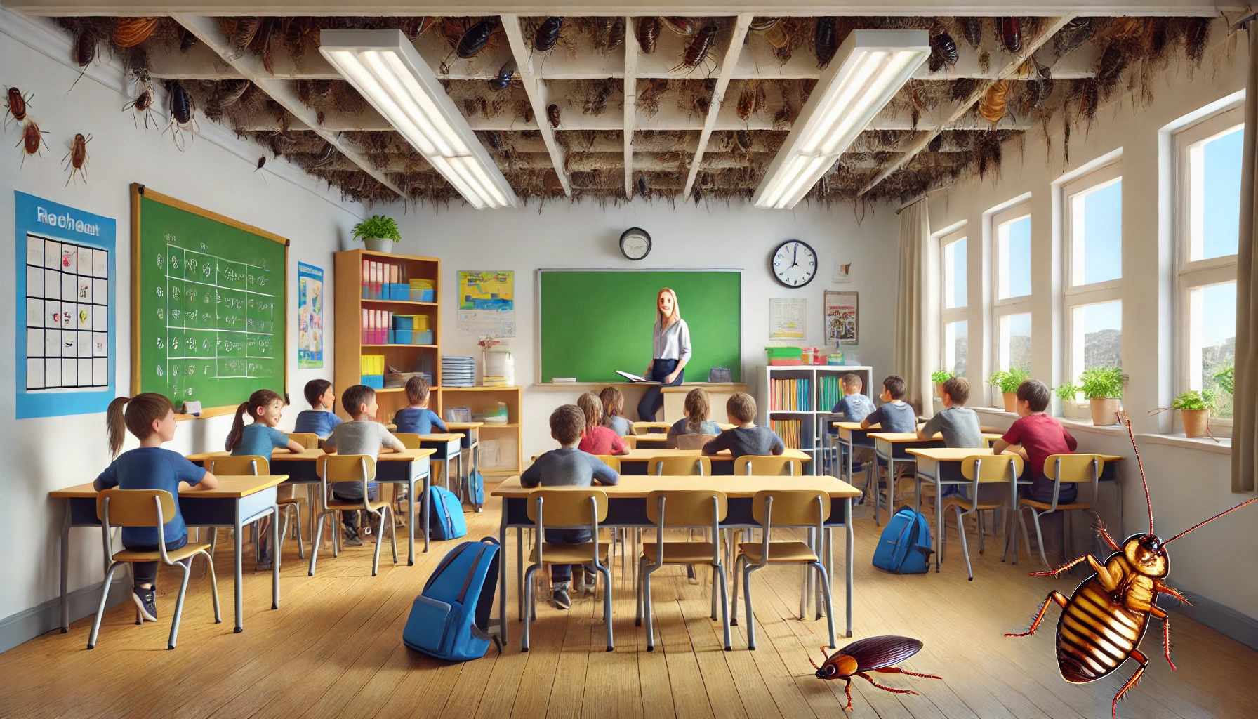 A realistic image of a school classroom with students and a teacher, but with hidden pests like rodents, cockroaches, and bedbugs subtly placed in corners pest management in schools and colleges