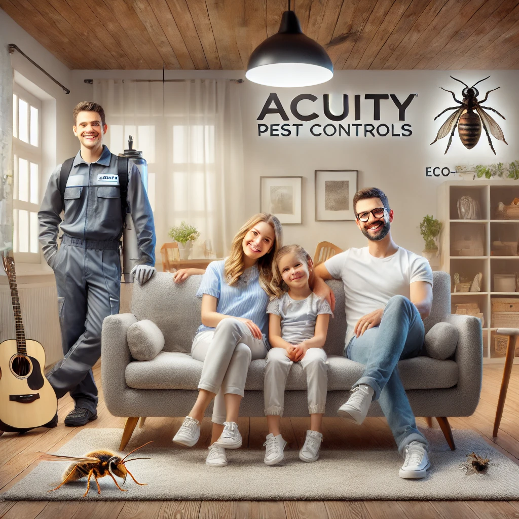 A high-quality, visually appealing image of a happy family in their living room, looking relaxed and content, with a technician from Acuity Pest Control after a residential pest control services