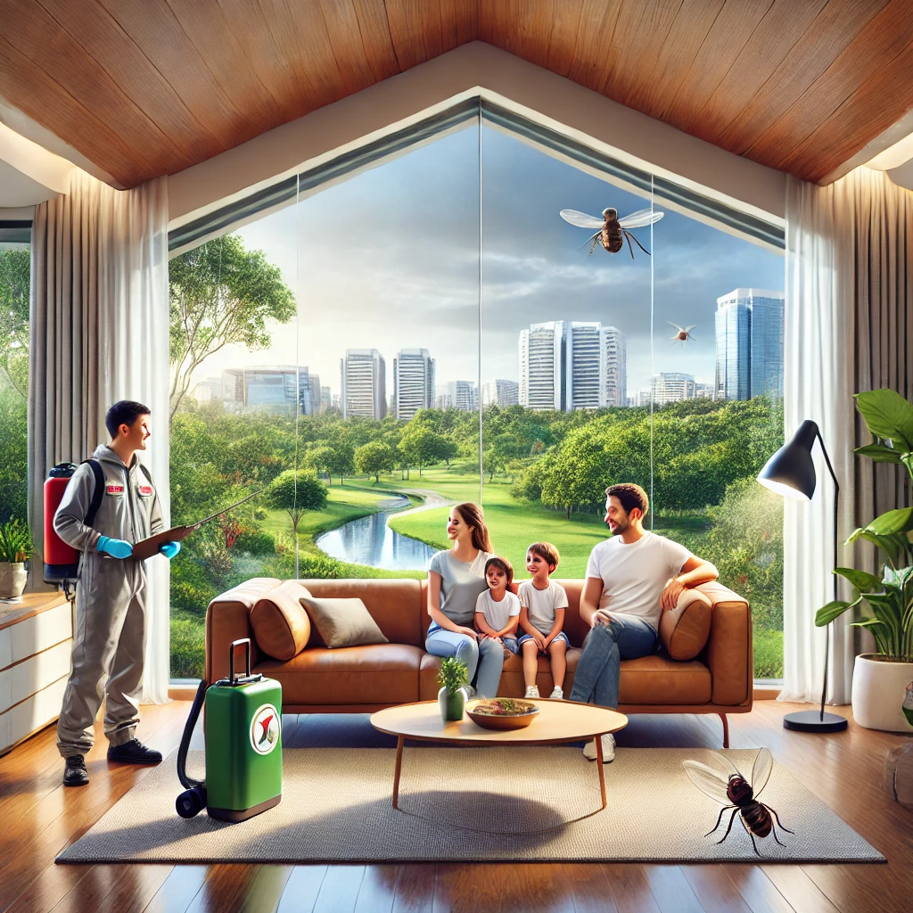 A serene, modern Bangalore home interior with a spacious living room surrounded by lush greenery visible through large glass windows. The family is smiling residential pest control in Bangalore