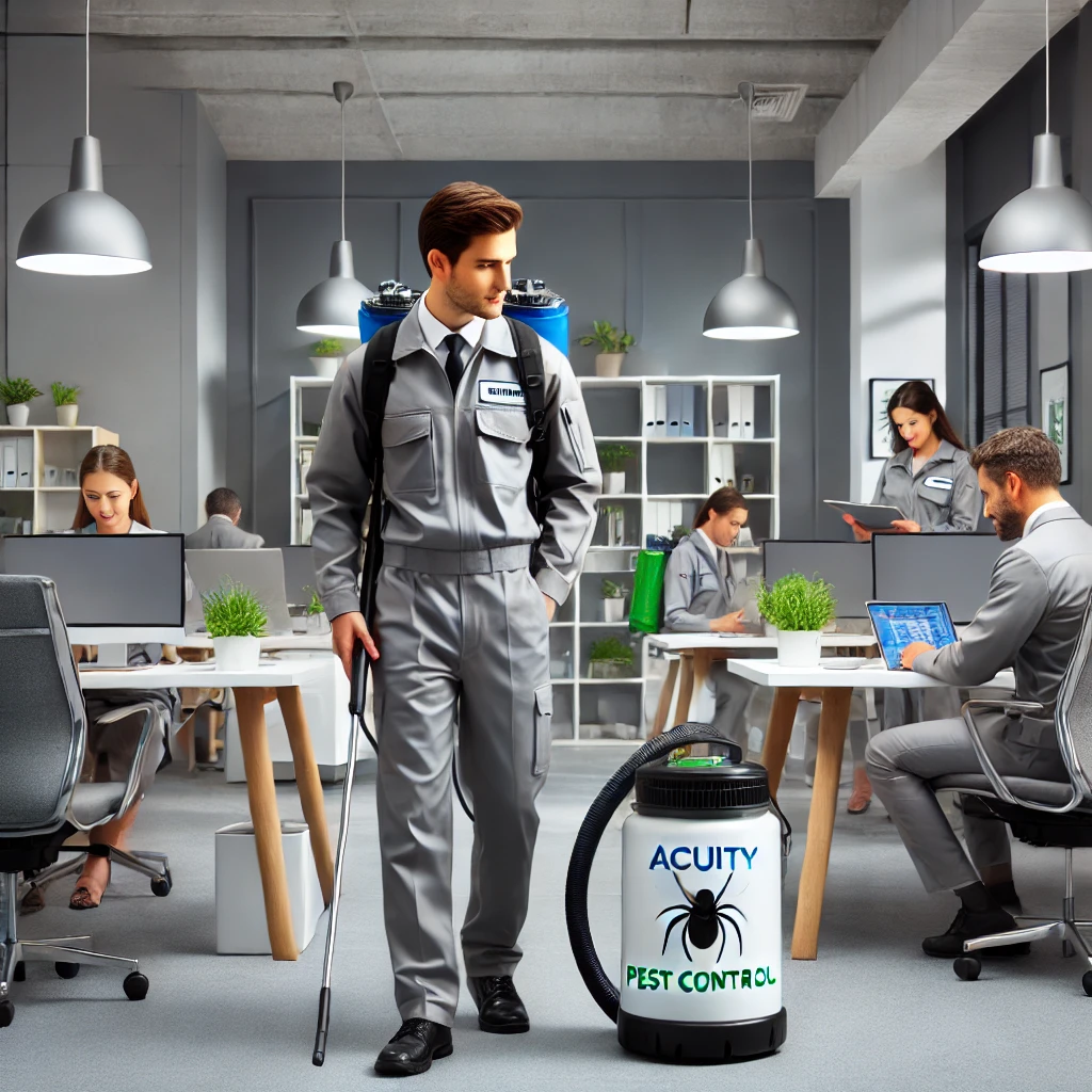 A clean, modern office space in Bangalore with a team of professionals from Acuity Pest Controls in uniform, inspecting and treating the area for pest control and commercial pest control services