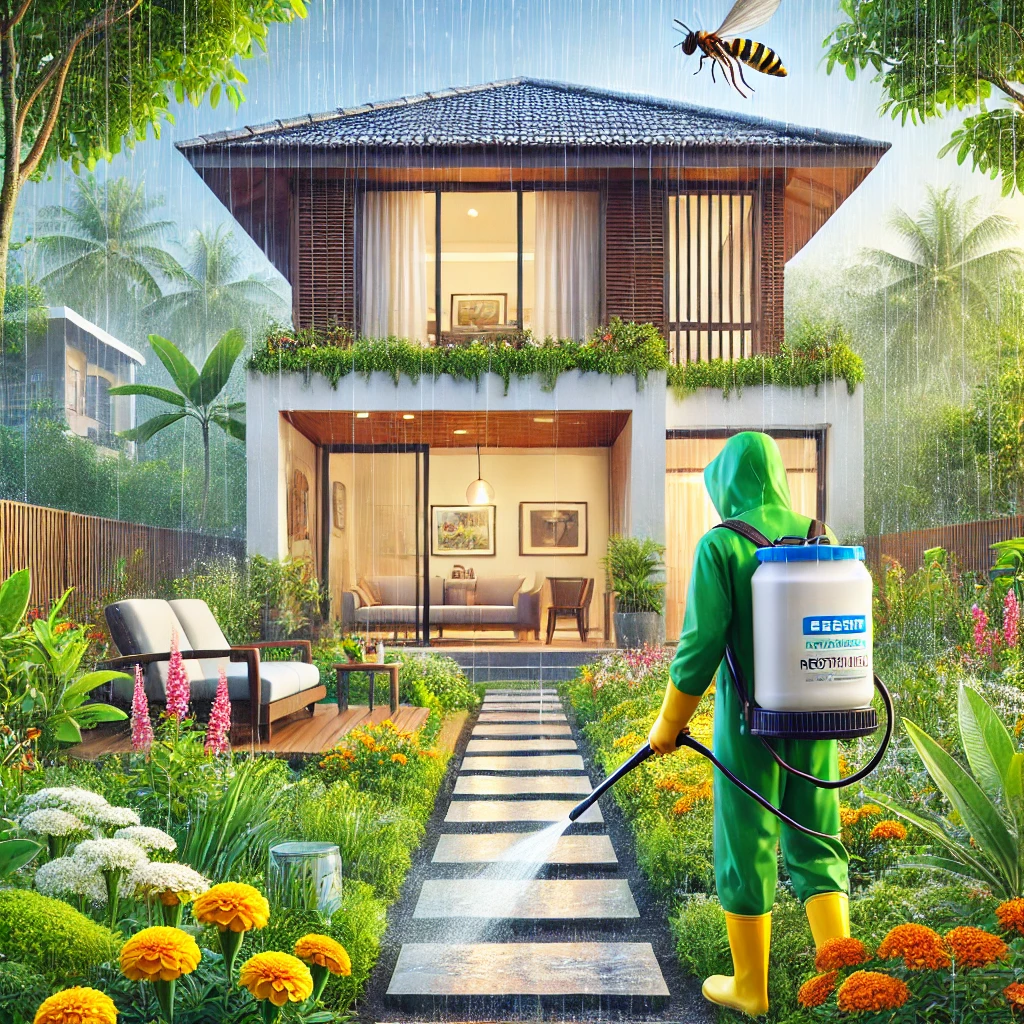 A vibrant and detailed scene showing a modern Bangalore home during the monsoon season. The setting features a lush, green garden with blooming plants monsoon mosquito protection in Bangalore