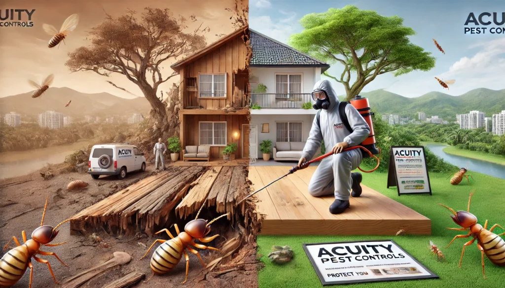 A realistic landscape-oriented scene titled 'Termite Extermination in Bangalore.' Visual elements include a close-up of a termite on a wooden surface, Termite Extermination in Bangalore