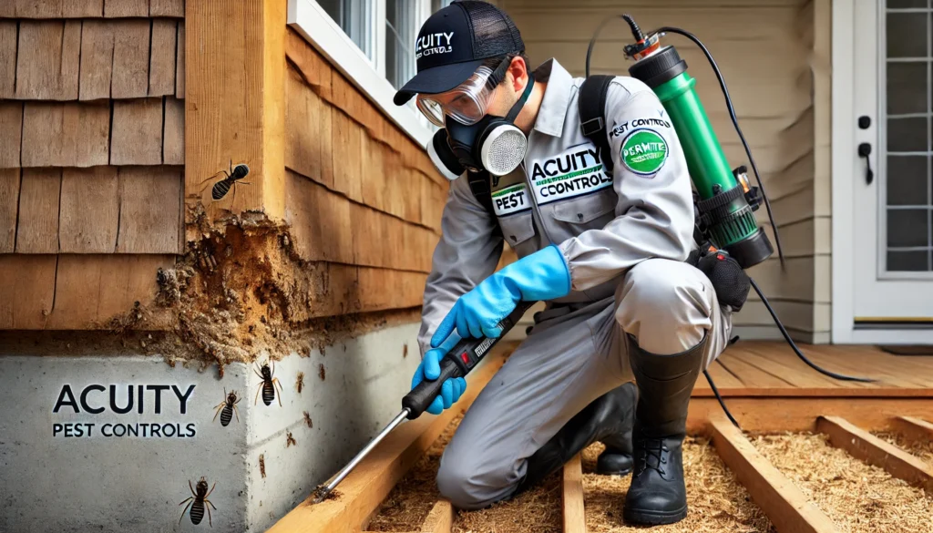 A high-quality, professional image showcasing a termite extermination process. The scene features a technician from Acuity Pest Controls in full prote termite extermination