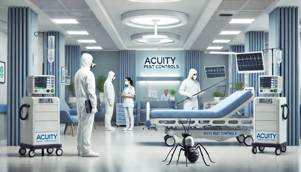 A clean, modern hospital environment with healthcare professionals and patients. In the background, pest control experts from Acuity Pest Controls are Hospital pest management services