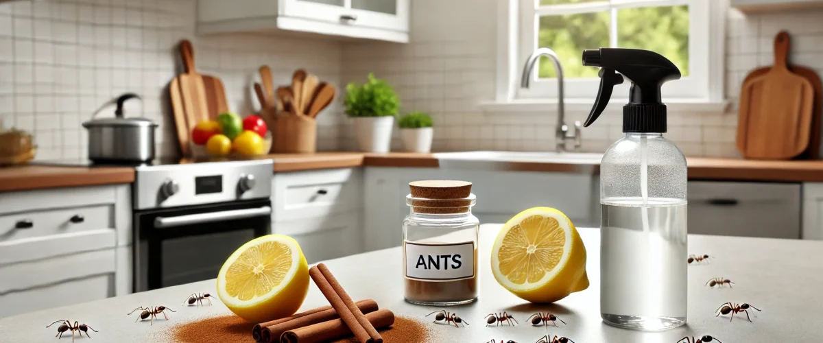 A clean, modern kitchen with natural ant repellents like cinnamon sticks, lemon slices, and a spray bottle with vinegar solution on the countertop. In eco-friendly ant control