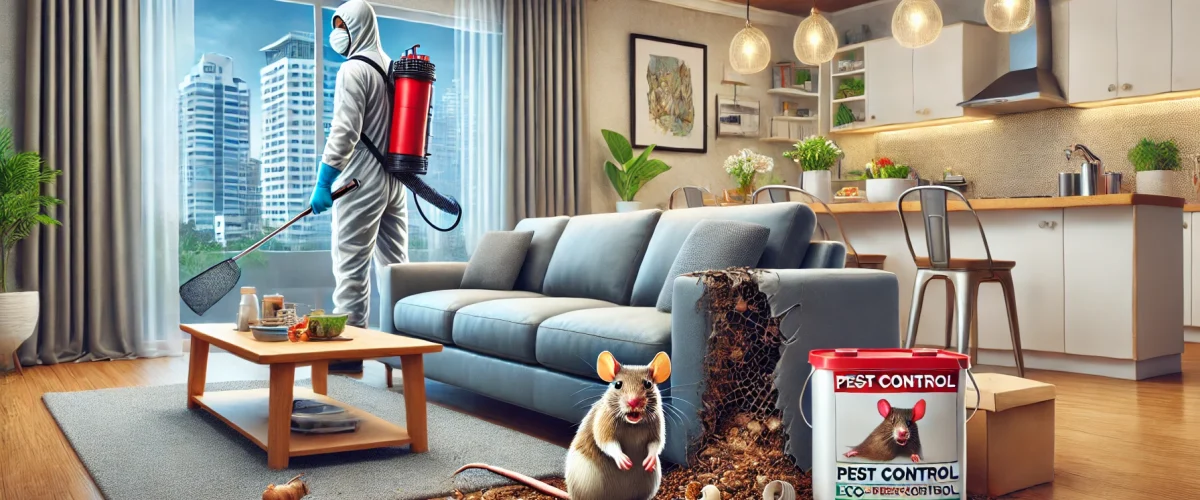 A detailed digital illustration of a modern Bangalore home affected by rodent infestation. The image shows a well-furnished living room with visible rodent infestation in Bangalore