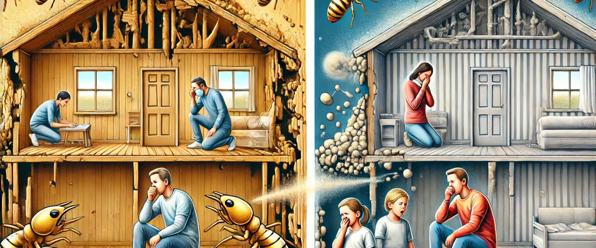 A detailed illustration showing the effects of a termite infestation in a home. On one side, termites are damaging wooden structures, creating visible termite-related health issues