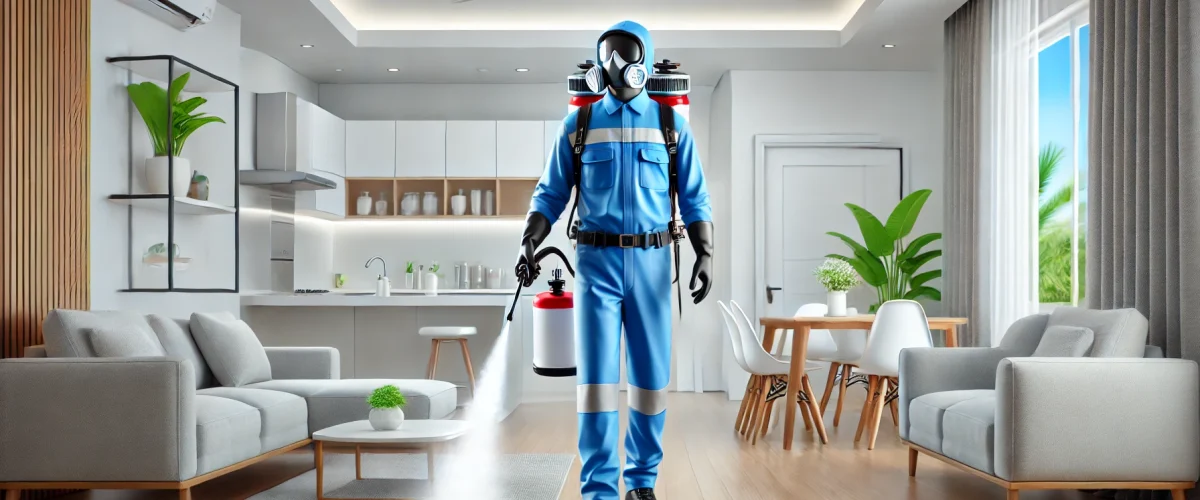 A modern, clean home in Bangalore with a professional pest control technician in uniform spraying eco-friendly treatment. The technician is using advances professional pest management services in Bangalore