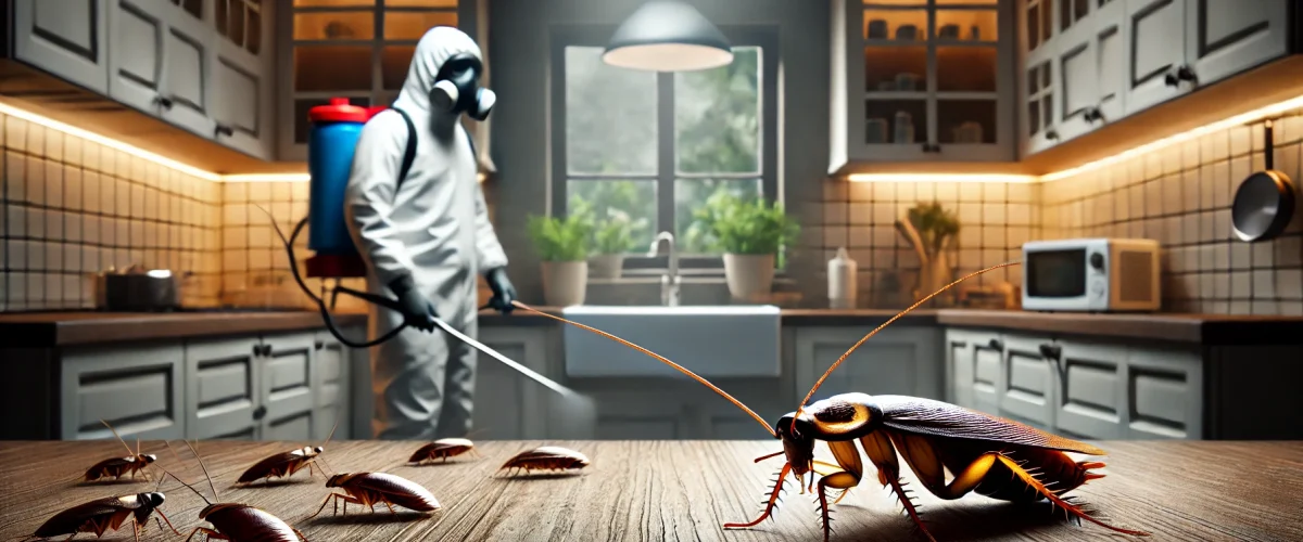 A realistic image of a kitchen with cockroaches crawling on the countertop and near a sink. The scene is dimly lit, emphasizing the infestation. In the professional cockroach exterminators in Bangalore