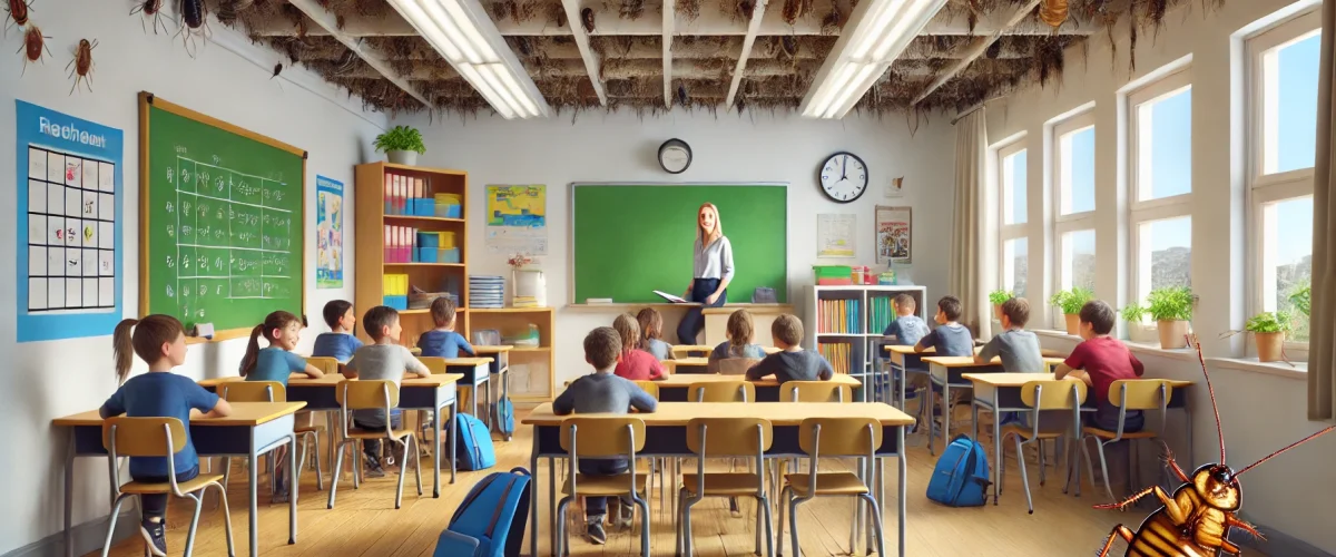 A realistic image of a school classroom with students and a teacher, but with hidden pests like rodents, cockroaches, and bedbugs subtly placed in corners pest management in schools and colleges